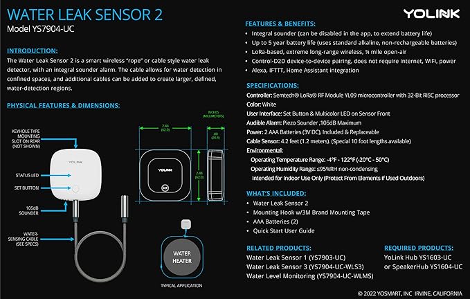 YoLink Water Leak Sensor 2, 1/4 Mile World's Longest Range Smart Home Water Leak Sensor, Water Leak Detector with Built-in Siren Up to 105dB, Compatible with Alexa and IFTTT - SpeakerHub Included - Image 2