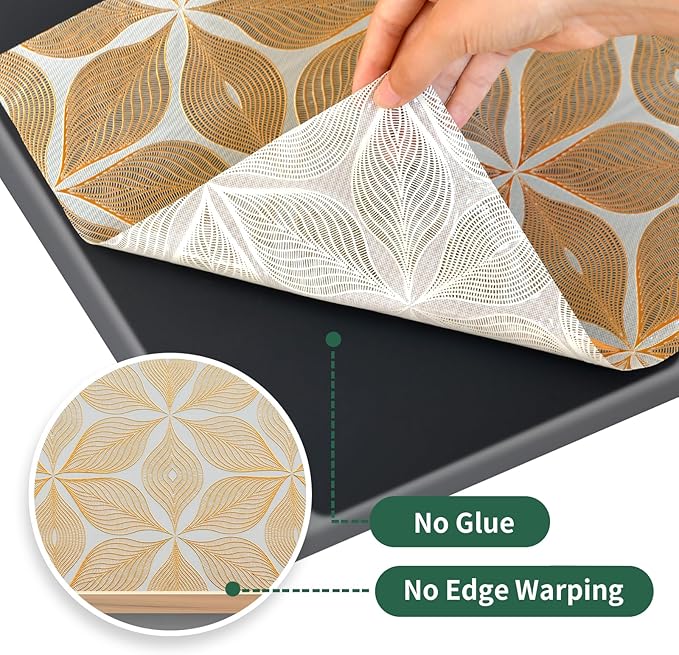 Drawer and Shelf Liner for Kitchen Cabinet: 23.6 in X 20 Ft Waterproof Shelf Paper Non Adhesive Refrigerator Liners Golden Leaf Easy Liners for Bathroom with Knife Tape Measure - Image 5