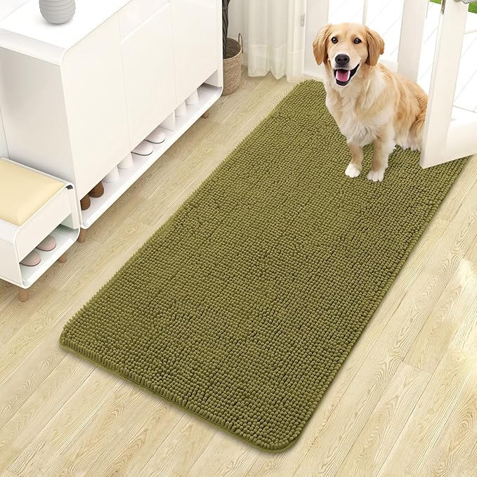 OLANLY Dog Door Mat for Muddy Paws 44x24, Absorbs Moisture and Dirt, Absorbent Non-Slip Washable Doormat, Quick Dry Chenille Mud Mat, Entry Indoor Entryway Carpet for Inside Floor, Willow Green by OLANLY