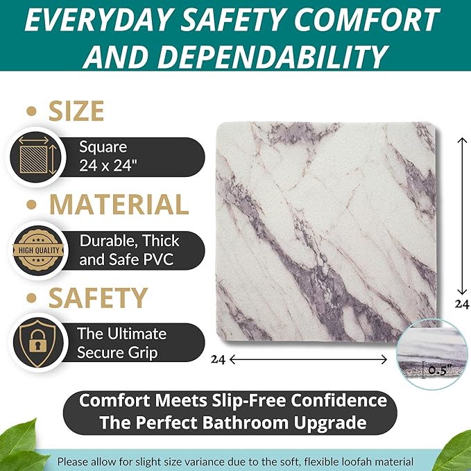 Enkosi Loofah Shower Mat Non Slip – Square Anti Slip Bath Mat for Inside Showers, Bathtub, Tub, Bathroom - Cushioned, Quick Dry PVC with Drain Holes - Secure Grip Safety Pad (Marble Grey 24x24) - Image 3