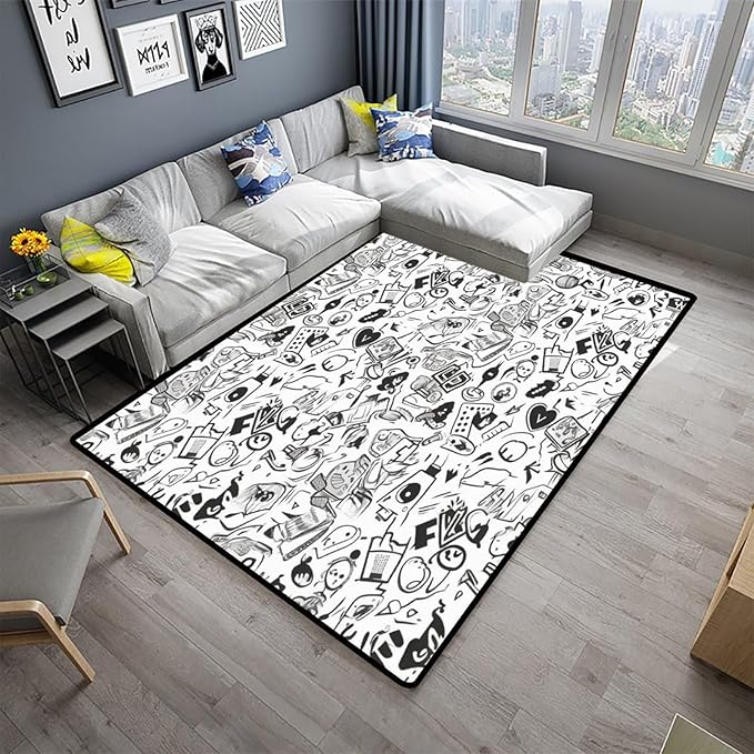 Carpet - Funny Ink Symbols Printing Patterns Non-Slip Area Rugs Fade Resistant, Flame Resistant, Quick Dry, Stain Resistant, Waterproof Floor Carpet for Living Room Bedroom, 72 x 108 Inch - Image 2
