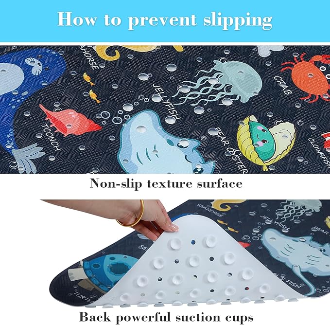Bath Mat for Tub Non Slip, Machine Washable Anti-Slip Cartoon Baby Bathtub Shower Mat with Drain Holes and Suction Cups for Toddler & Kids, 40 Inch x 16 Inch, Navy Sea Animals - Image 3