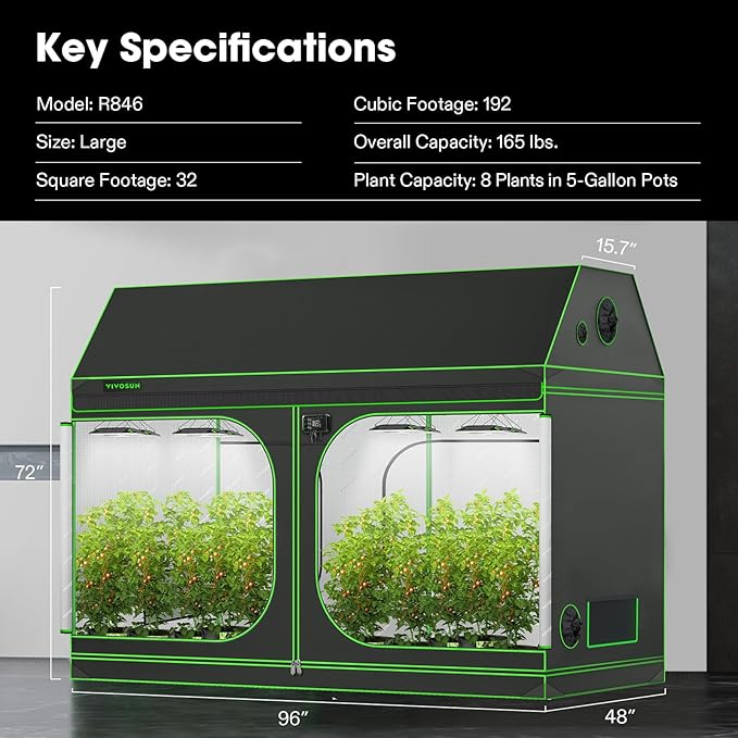 VIVOSUN R846 4x8 Grow Tent, 96"x48"x72" Roof Cube Tent with Observation Window and Floor Tray for Hydroponics Indoor Plant for VS4000/VSF4300 - Image 8