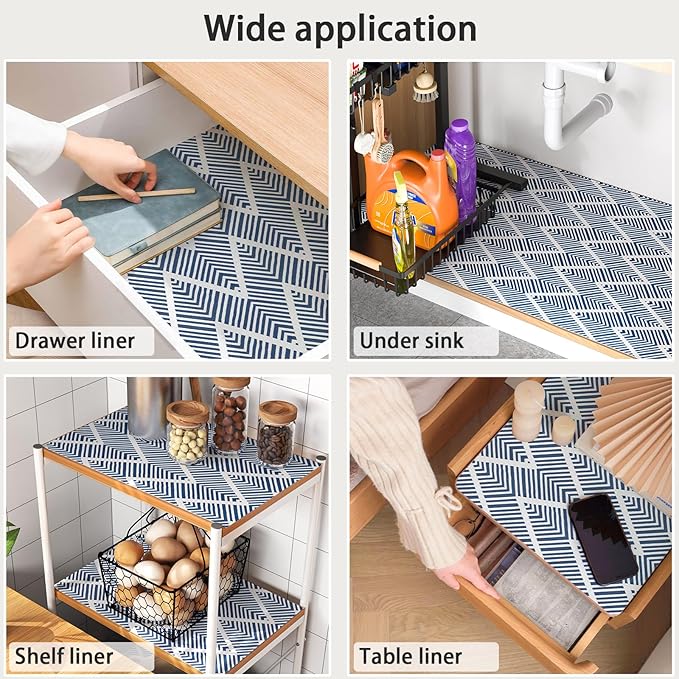 Cohoo Home Drawer and Shelf Liners for Kitchen Cabinet Non Adhesive,12in ×23.6FT Non Slip Cabinet Liners for Shelves, Drawer Paper Cupboard Strong Grip Bathroom Waterproof Washable Thick Blue Stripe - Image 6