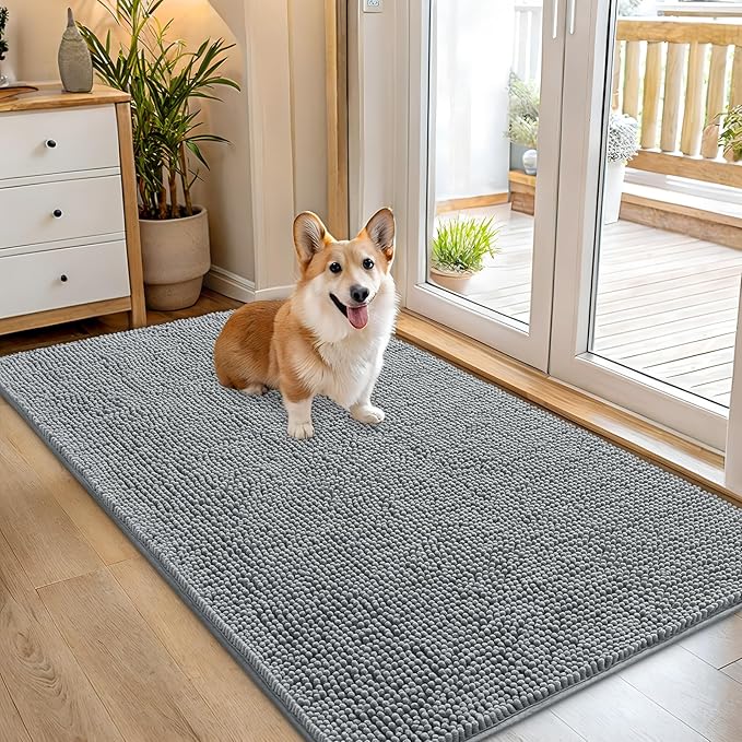 OLANLY Dog Door Mat for Muddy Paws 54x32, Absorbs Moisture and Dirt, Absorbent Non-Slip Washable Doormat, Quick Dry Chenille Mud Mat for Dogs, Entry Indoor Entryway Carpet for Inside Floor, Grey by OLANLY