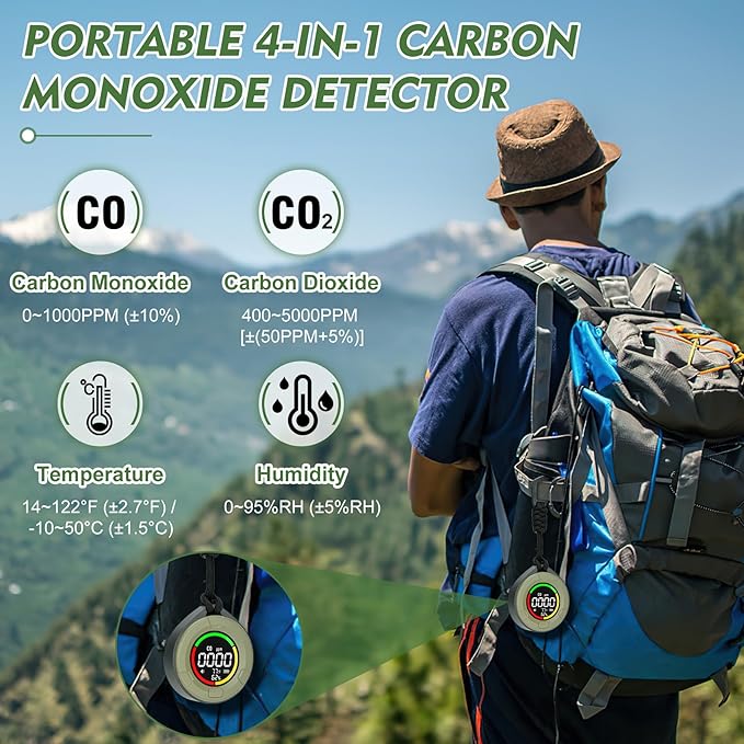 Portable CO ＆ CO2 Detectors for Travel, Mini 4-in-1 Carbon Monoxide and Carbon Dioxide Detector Monitor with Magnetic Suction, RV CO CO2 Alarm Temp/Humidity Sensor, 120-140HR Standby - Image 2