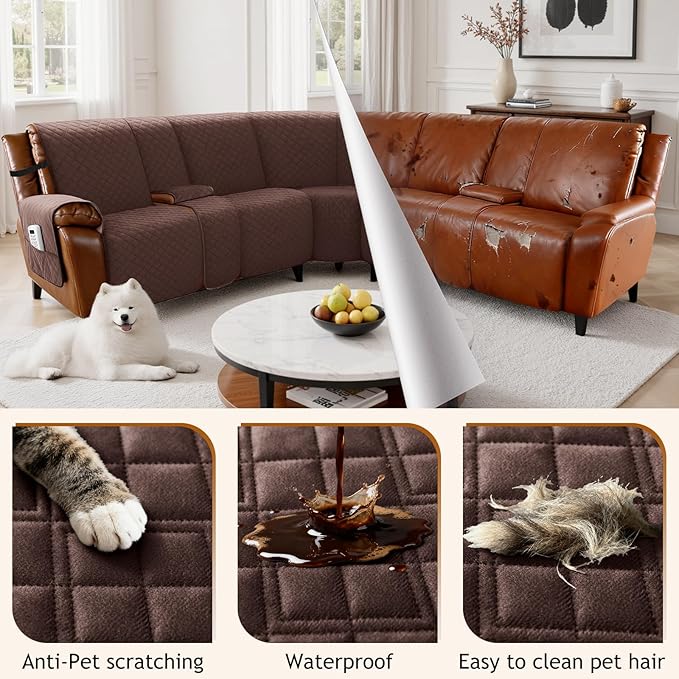 Arfntevss Waterproof Recliner Sectional Couch Covers for Reclining L Shape Sofa Cover Non Slip Washable L Shaped Slipcover Sets for Dog Furniture Protector (5 Seat with 2 Console Cover, Dark Brown) - Image 6