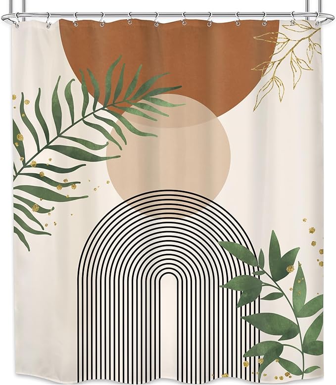 Brown Boho Mid Century Shower Curtain 60Wx72H Abstract Gold Leaves Plant Modern Sun Minimalist Geometric Arch Art Line Bathroom Decor Neutral Bath Curtain Fabric Polyester 12 Pack Hooks - Image 6