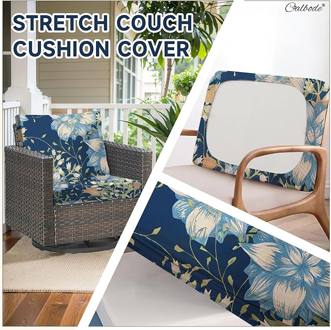 8Pcs Stretch Patio Cushion Cover, Printed Couch & Sofa Slipcovers for Patio Furniture Cushions Washable Reusable Couch Covers Replacement for Autumn Winter (Dark Blue Floral, Cover Only) - Image 3