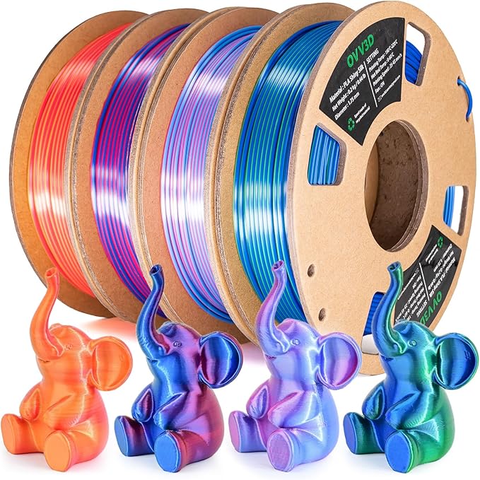 OVV3D 3D Printer Filament, PLA Filament 1.75mm Bundle, Dual Color Filament, Coextrusion 3D Filament, Silk PLA Color Change Every Inch, 3D Printing Filament +/-0.02mm, 200g X 4 Spool by OVV3D