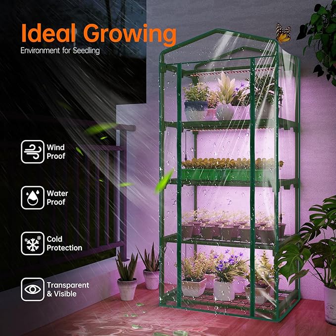 Bstrip Indoor Greenhouse with Grow Lights, 4 Tier 27.2" L×19.9" W×61.8" H Mini Greenhouse with Zippered PVC Cover for Seed Starting Trays, Dimmable 2FT 60W Plant Light for Indoor Plants with Timer - Image 3