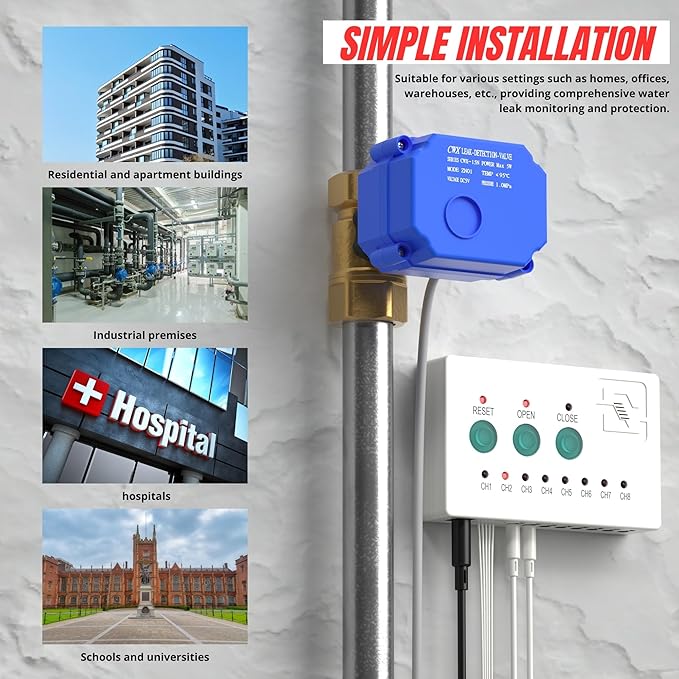 Water Leak Detector, Automatic Water Leak Alarm System, with 2X 3/4" NPT Shutoff Valves & 2 Sensors, Flood Prevention for Water Heater Laundry - Image 5