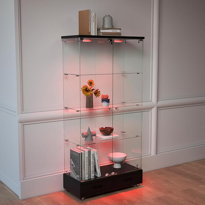 Yoluckea 4-Tier Glass Display Cabinet with LED Lighting and 2 Drawers, 2-Door Floor Standing Curio Cabinet with Wheel for Home, Office, Corner Display, Black Glass Bookshelf for Collections and Decor - Image 8