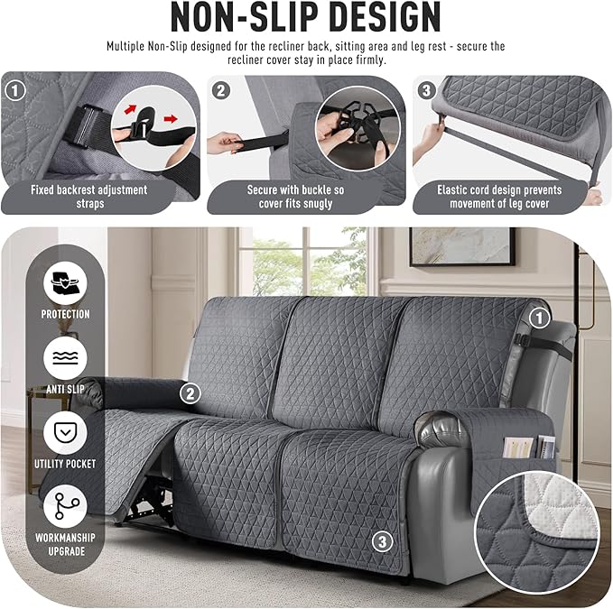 TAOCOCO 100% Waterproof Recliner Cover, Non-Slip Washable Reclining Couch Cover with Elastic Leg Straps, Furniture Protector for Dogs (Dark Gray, 3 Seater) - Image 5