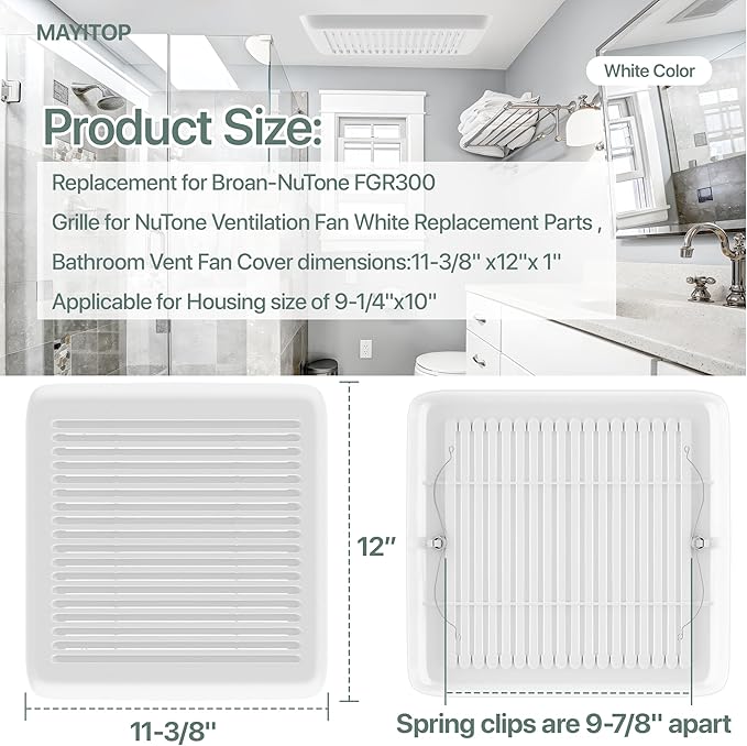 FGR300 Bathroom Vent Grille Cover with Springs Compatible with Bro-an Nu-Tone Invent Series Bathroom Exhaust Fans,Cover Dimensions of 11-3/8” x 12” for Exhaust Fans with Housing Size of 9-1/4" x 10" - Image 2