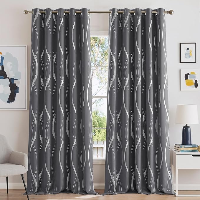 NICETOWN Grey Blackout Short Curtain for Apartments, W66 x L84, Noise Reducing Thermal Insulated Wave Line Foil Print Design Drapes for Living Room, 2 Panels by NICETOWN