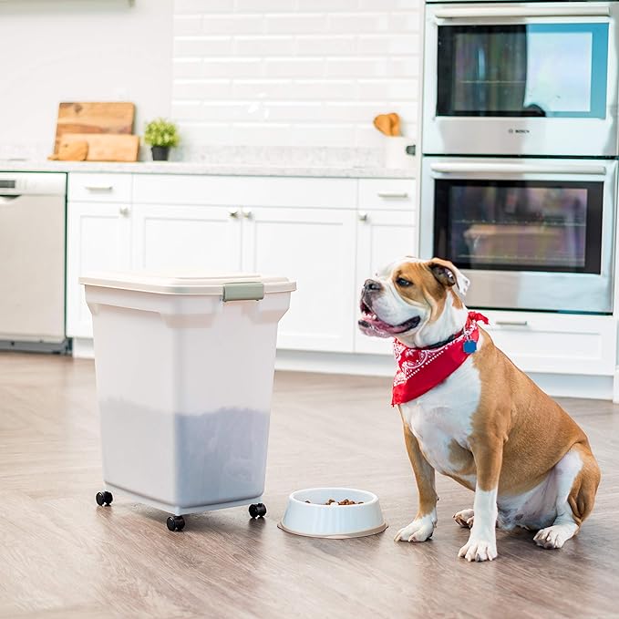 IRIS USA 58 Lbs / 67 Qt WeatherPro Airtight Pet Food Storage Container with Attachable Casters, For Dog Cat Bird and Other Pet Food Storage Bin, Keep Fresh, Translucent Body, Pearl/Almond - Image 5