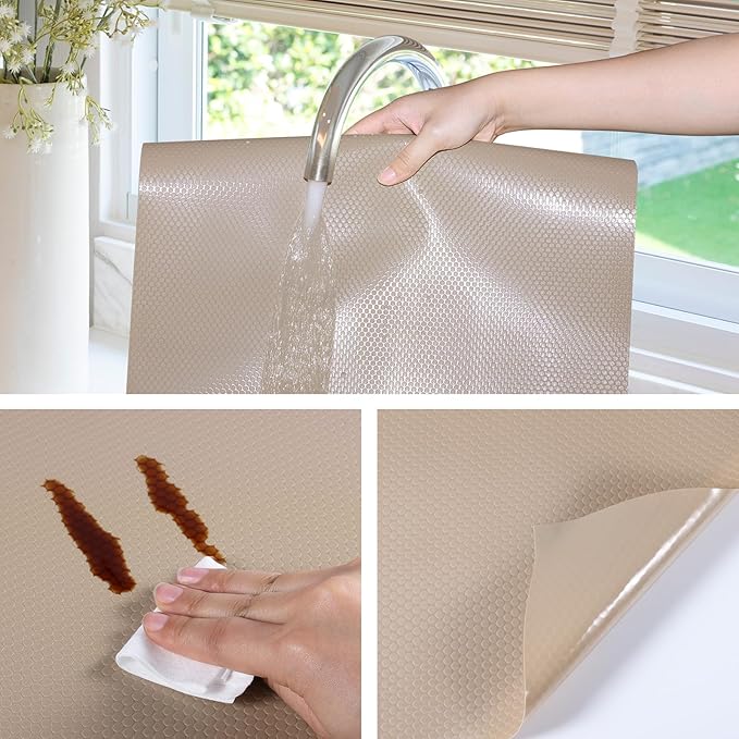 Beige Shelf Liners for Kitchen Cabinets Non Adhesive Drawer Liner for Bathroom Waterproof Refrigerator Liners for Shelves Fridge Plastic Mats Cabinet Cupboard Liner 11.8 x 236.2 Inches - Image 5