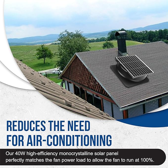 Solar Attic Fan, 40 W, 1600 CFM Large Air Flow Solar Roof Vent Fan, Low Noise and Weatherproof with 110V Smart Adapter, Ideal for Home, Greenhouse, Garage, Shop, RV, Workshop etc. - Image 3
