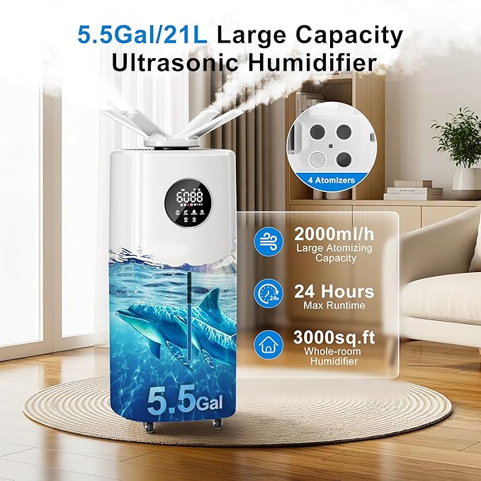 Uthfy 5.5Gal/21L Humidifier for Large Room 3000sq.ft, 2000ml/h Dual 360° Nozzles Ultrasonic Humidifiers for Bedroom, Remote/Touch Control,4 Atomizing Plates, Top Fill, 12H Timer - Image 2