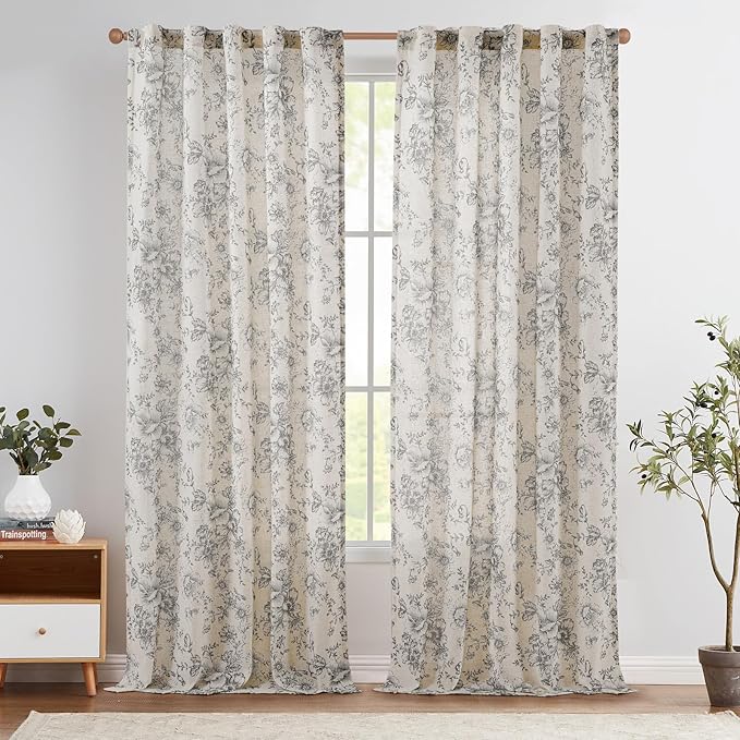 jinchan Linen Blend Curtain Floral Curtains for Living Room 96 Inch Length Grey Printed Curtain Rod Pocket Back Tab Farmhouse Peony Flower Patterned Drapes Bedroom Window Curtains Set 2 Panels by JINCHAN