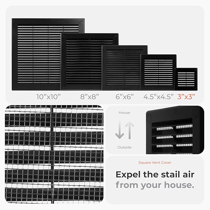 5-Pack 4" x 4" (Outer Size) Square Air Vent Cover – Black Plastic Vent Deflector - Screen Mesh, Surface Mount Wall Ceiling – Cold Air Return Soffit Air Vent Cover - Register Indoor Outdoor - Image 3