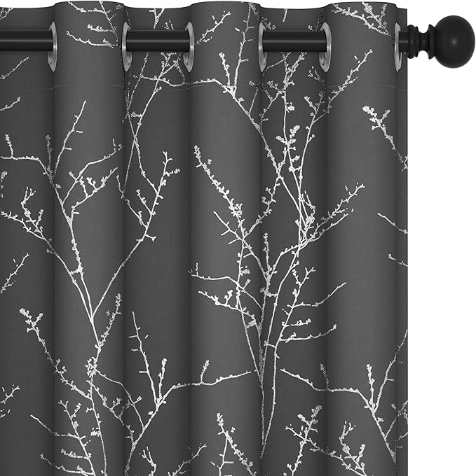 Deconovo Grey Blackout Curtains for Living Room, Thermal Insulated Soundproof Drapes, Branch Foil Print, 52 x 108 Inch Long, 2 Panels, Machine‑Washable Privacy Window Panel for Bedroom Sliding Door by Deconovo