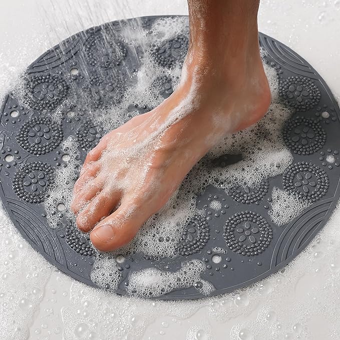 Round Non Slip Shower Mat with Suction Cups 11.8 Inch, Anti Skid PVC Bath Mat with Drain Holes, Soft Massage Foot Mat for Bathroom Shower, Gray - Image 6