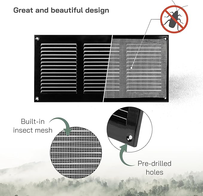 Vent Systems 12'' x 6'' Inch (Overall Dimensions) Black Metal Vent Duct Cover - 2 Pack - Louvered Rectangular Return Grill with Built in Mesh Screen - HVAC Ventilation Grille for Home Improvement - Image 3