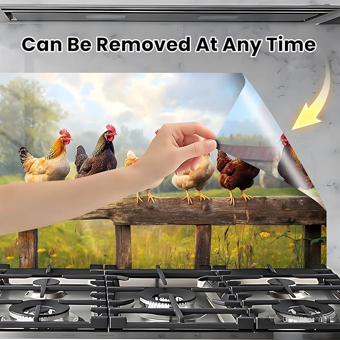 NYZE Kitchen Backsplash Stickers Waterproof Stove Backsplash Protector, 30 X 16 inch Removable Chicken Wallpaper with Wall Art Decor for Stove Cooking Area(Farm Chicken Flock) - Image 4