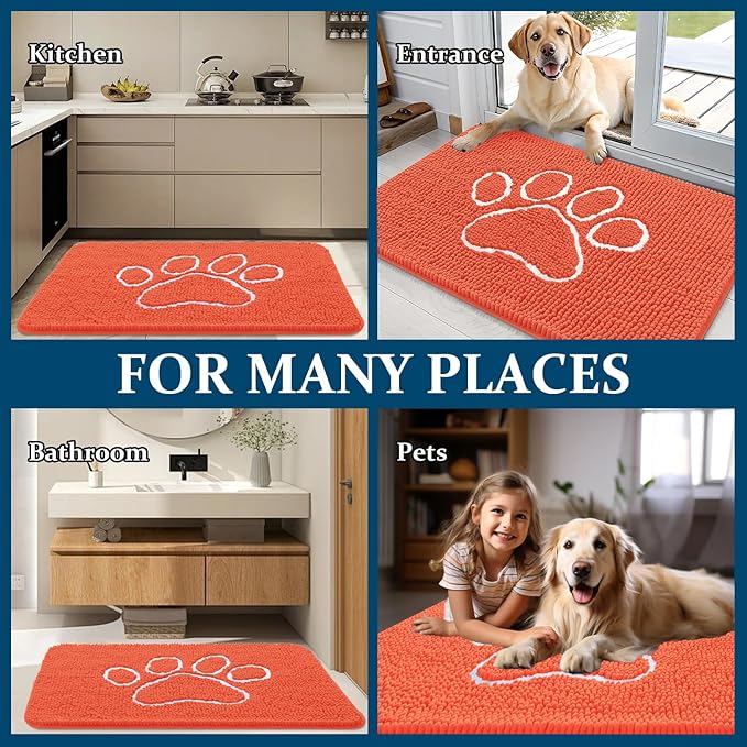 OLANLY Dog Door Mat for Muddy Paws 36x24, Paw Print Design, Absorbs Moisture and Dirt, Absorbent Non-Slip Washable Doormat, Quick Dry Chenille Mud Mat for Dogs, Entry Indoor Entryway Carpet, Coral - Image 8