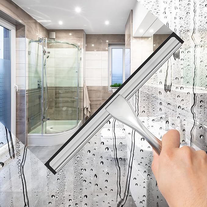 All-Purpose Stainless Steel Shower Squeegee for Shower Doors with 2 Adhesive Hooks, Bathroom Cleaner Tool Household Window Mirror Squeegee for Home Cleaning, Glass Door, Tile Wall, Car, 12 Inch Silver - Image 3