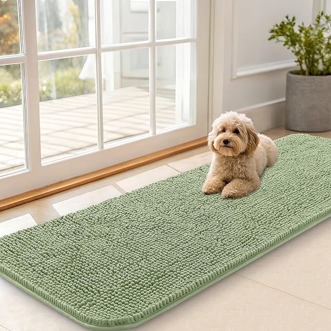 OLANLY Dog Door Mat for Muddy Paws 59x20, Absorbs Moisture and Dirt, Absorbent Non-Slip Washable Doormat, Quick Dry Chenille Mud Mat for Dogs, Entry Indoor Entryway Carpet for Inside Floor, Sage Green by OLANLY