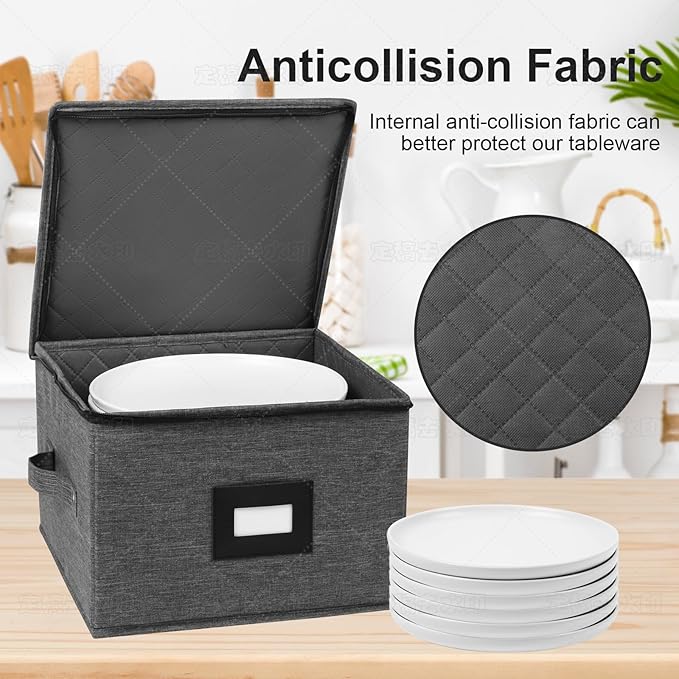 Mayniu China Storage Containers Hard Shell, 12" Plate Storage Containers for Dishes, Stackable Dinnerware Storage with 24 Felt Dividers (2 Pack Black) - Image 2
