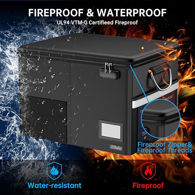 5200℉ Fireproof Document Box with Lock, Waterproof File Organizer with Handle, Portable Collapsible Filing Cabinet with Reflective Strip for Hanging Letter/Legal Folder, Black - Image 3