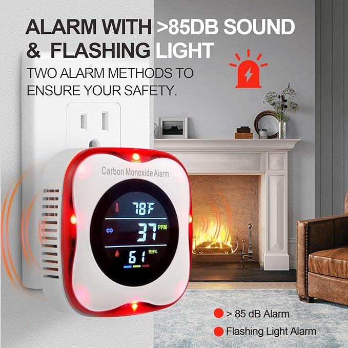 Plug-in Carbon Monoxide Detector with Real-time CO Display and Temperature and Humidity Monitor, Suitable for Home, RV, Apartment, Indoor air Safety Plug-in CO Compact Alarm - Image 4