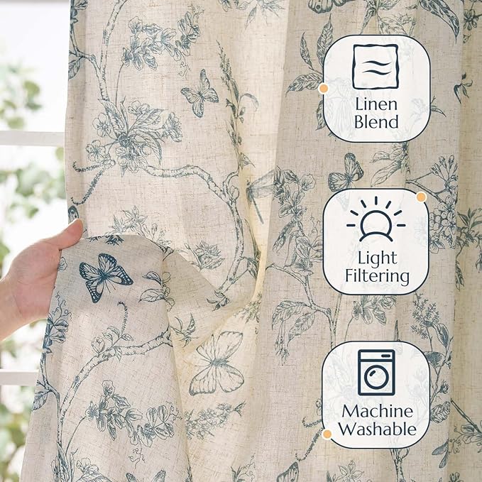 jinchan Floral Curtains Lined Linen Blend Curtain for Living Room 96 Inch Length Blue Flower Patterned Curtain French Country Farmhouse Curtains Drapes Back Tab Rod Pocket 2 Panels - Image 2
