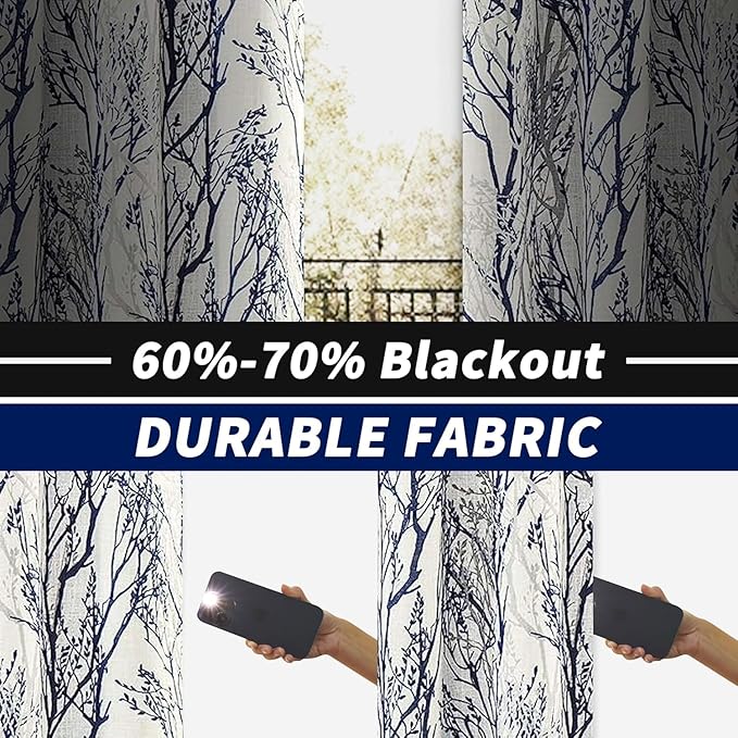 DriftAway Linen Printed Blackout Curtains Tree Branch Pattern Double Layer 90 Inches Long for Bedroom Classic Thermal Insulated Summer Sound Lined Grommet Drapes for Living Room 2 Panels Blue/Linen - Image 5