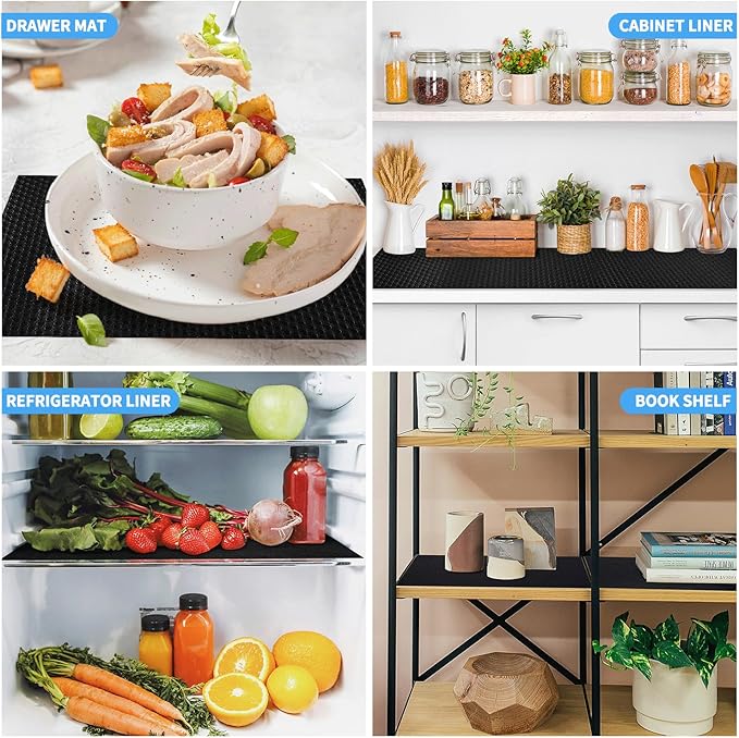 Black Shelf Liners Kitchen Cabinets Non Adhesive Drawer Mat Refrigerator Liners Durable Place Mats for Bathroom, Kitchen, Desks, Shelves, Cupboard-Black Drawer Liner 11.8x236.22Inch - Image 4