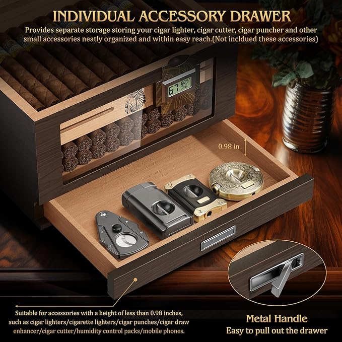 TISFA Cigar Humidor Cedar Wood Cigar Box with 2 Digital Hygrometer, 2 Humidifiers, Cedar Tray, Divider, Accessory Drawer, Glass Top Large Desktop Humidors and Acrylic Travel Cigar Tube Gifts Set - Image 7