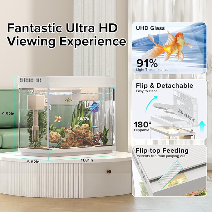 Fish Tank 2.4 Gallon Aquarium Kit with Humidifier 7-Color Auto-Looping 3 in 1 Quiet Pump with Filteration & Oxygenation & Circulation, Temperature Display, HD Glass - Image 7