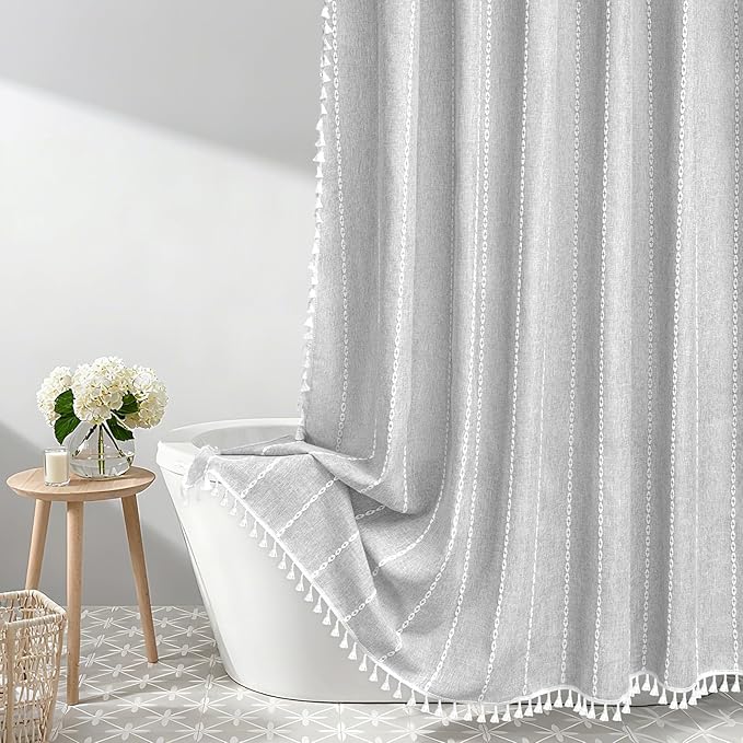 72 x 84 inch Extra Long Boho Chic Shower Curtain Heavyweight with Tassels, Grey Linen Textured Fabric Farmhouse Shower Curtain, Elegant Gray & White Striped Bathroom Curtain Water Repellent by Seenus