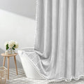 72 x 84 inch Extra Long Boho Chic Shower Curtain Heavyweight with Tassels, Grey Linen Textured Fabric Farmhouse Shower Curtain, Elegant Gray & White Striped Bathroom Curtain Water Repellent by Seenus