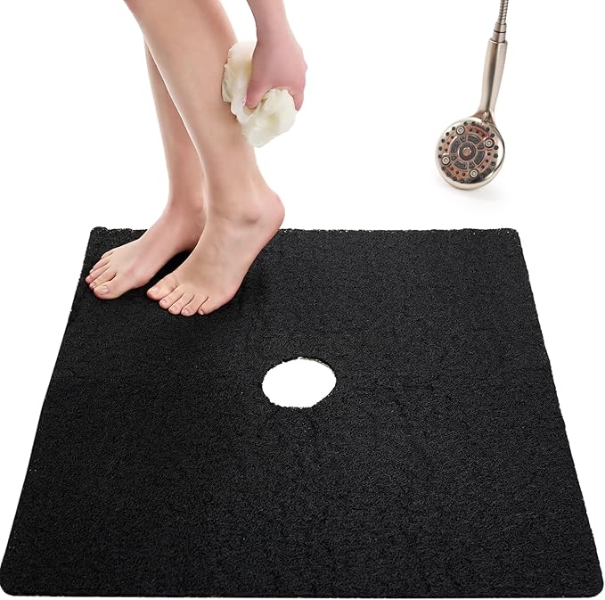 Enkosi Loofah Shower Mat with Drain Hole – Cushioned Anti-Slip Square Bath Mat for Showers, and Bathroom Floors – Textured PVC, Non Slip Safety Pad for Walk-in Stalls and Wet Areas (27x27 Black) by ENKOSI