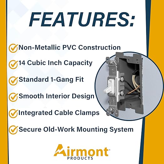 (8 Pack) Airmont Products 14 in. Old Work Electrical Box, 1-Gang 14 Cu in Non-Metallic PVC Outlet Box for Drywall, Remodel Electrical Box with Built-in NM Cable Clamps, Grey PVC Old Work Outlet Box - Image 6