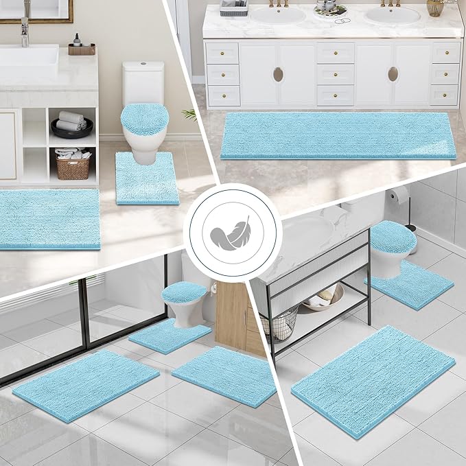Smiry Luxury Chenille Bathroom Rugs 59x35, Extra Soft and Absorbent Shaggy Bath Mat, Machine Washable, Non-Slip Plush Carpet Runner for Tub, Shower, and Floor, Home Decor Accessories, Sky Blue - Image 8