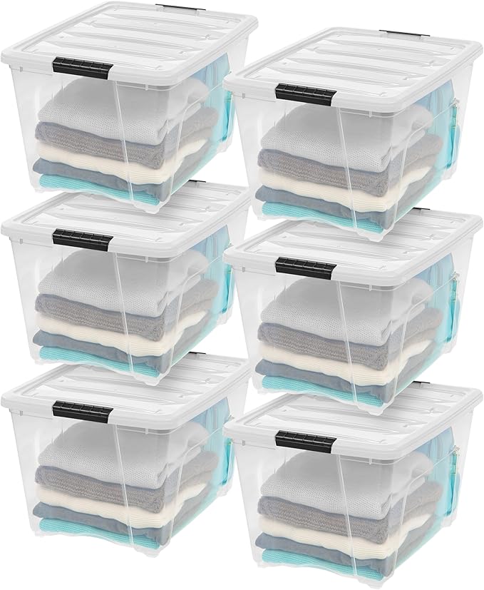 IRIS USA 6-Pack 54 Quart Stackable Storage Bins with Lids [Made in USA] - Everyday Organizer Latching Clear Plastic Organization Containers Closet Bedroom Shelving Units Home Storage - Clear/White by IRISUSA