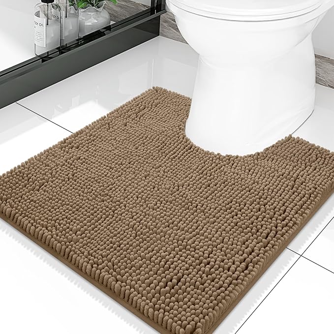 Smiry Luxury Chenille Toilet Rugs U-Shaped 20x20, Soft Absorbent Non-Slip Contour Bathroom Rugs for Toilet, Machine Washable Contoured Bath Mats, Camel by Smiry