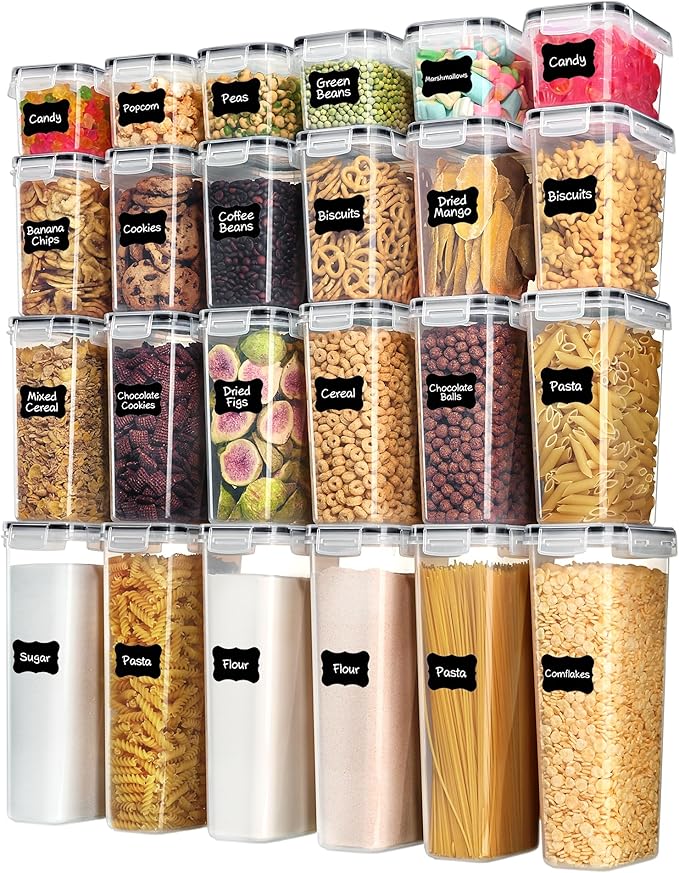 Airtight Food Storage Containers with Lids, Vtopmart 24 pcs Plastic Kitchen and Pantry Organization Canisters for Cereal, Dry Food, Flour and Sugar, BPA Free, Includes 24 Labels，Black by Vtopmart