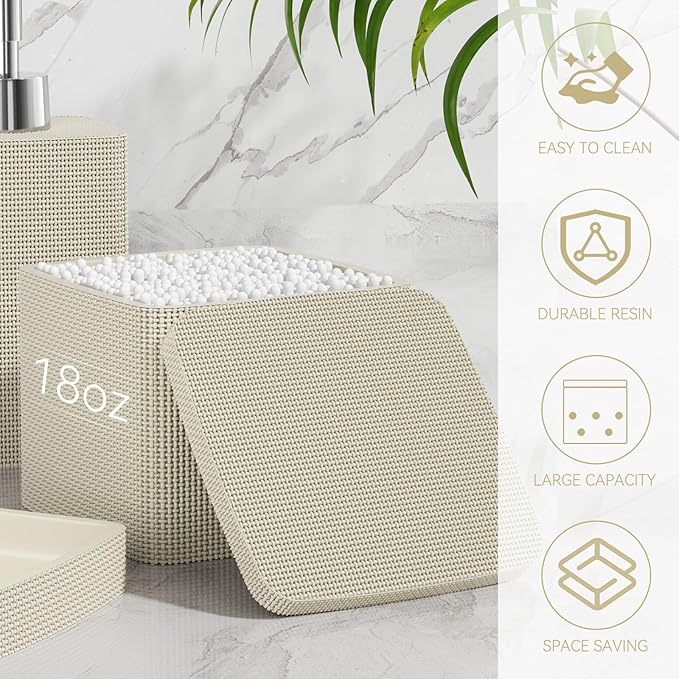 Beige Bathroom Accessories Set 5 Pieces, Resin Toothbrush Holders Set Complete with Soap Dispenser, Toothbrush Holder, Vanity Tray, Bathroom Tumbler and Qtip Holder for Small Spaces - Image 5